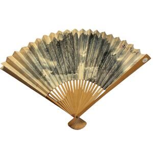 Vintage Chinese Folding Fan Bamboo Paper Landscape Art 16"